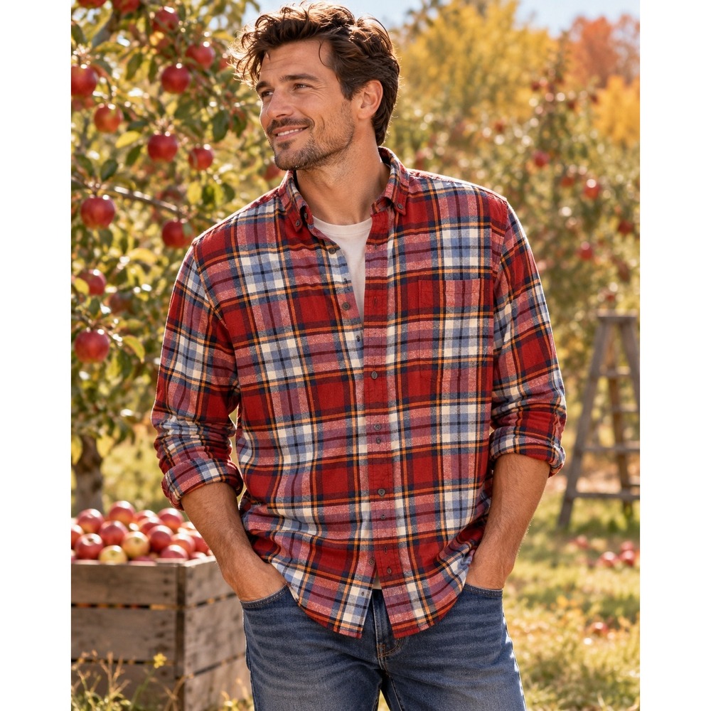 St Johns Bay Mens Red Blue Plaid Flannel Button Down Shirt 100% Cotton Large